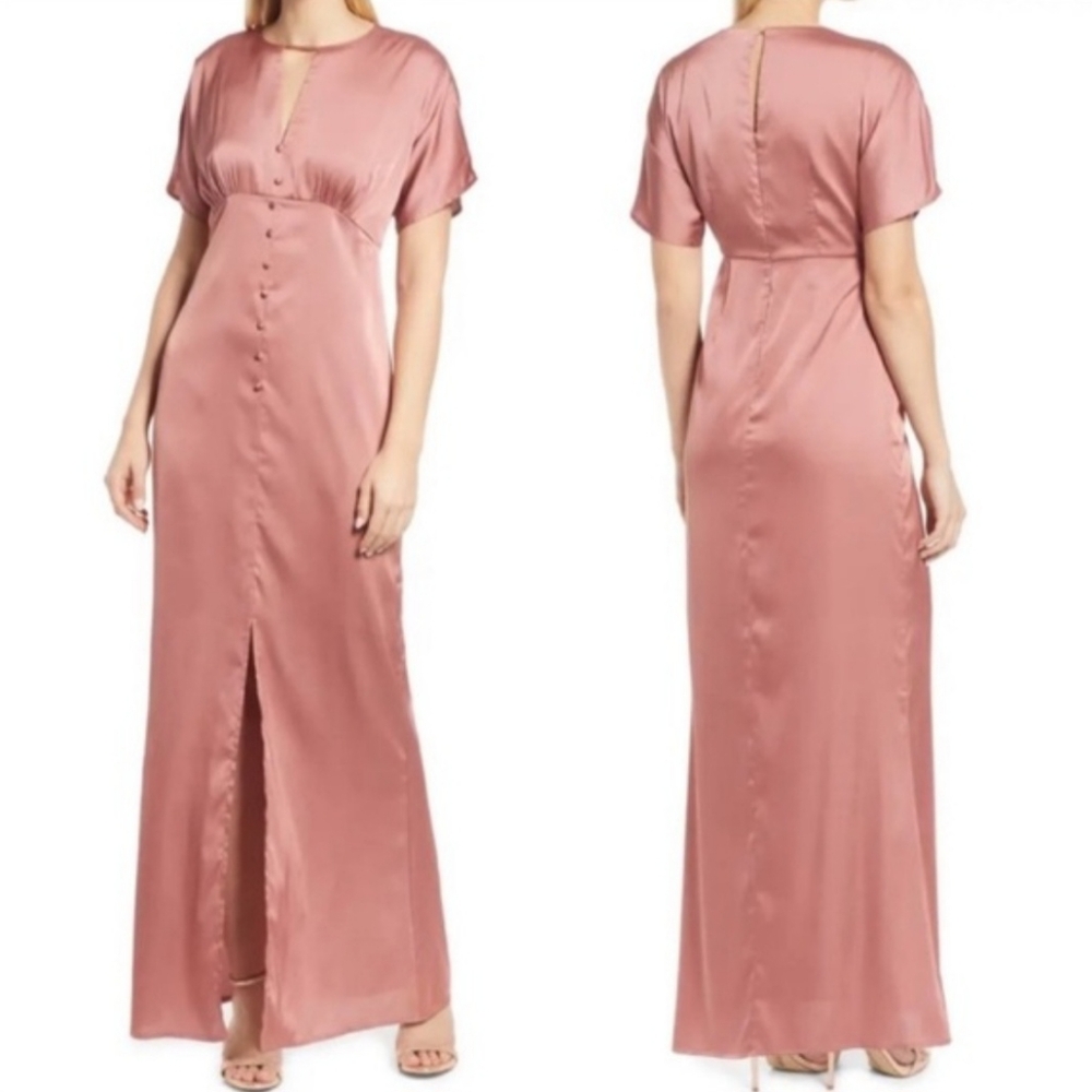 BTFL-LIFE Size Large Pink Satin Button Empire Waist Maxi Dress NWT Old Hollywood